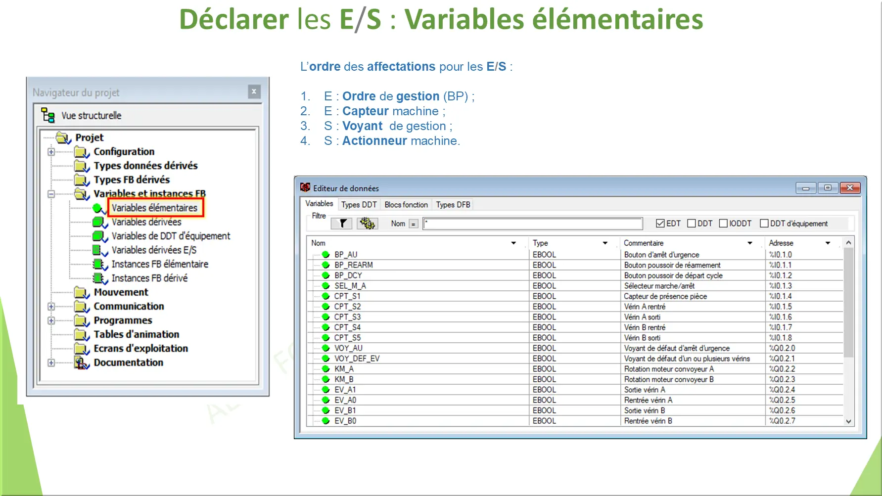 Déclarer les E/S : Variables élémentaires